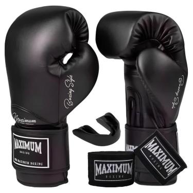 Imagem de Kit Luva de Boxe Muay Thai Kickboxing Classic Preto + Bandagem 3m + Protetor Bucal - Maximum-Unissex