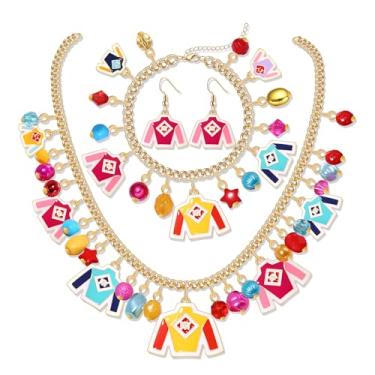 Imagem de PHALIN Conjunto de joias Kentucky Derby para mulheres, traje de equitação, ferradura, gargantilha, colar, berloque, pulseira, brincos pendentes, roupas Kentucky Derby, joias, presentes, Metal, Sem