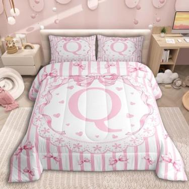Imagem de jejeloiu Jogo de cama fofo com laço macio para meninos e meninas, rosa, com estampa de listras, edredom de microfibra, 2 peças com 1 fronha