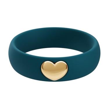 Imagem de ThunderFit Anéis de silicone para mulheres, aliança de casamento de silicone com pingente de coração banhado a ouro 14K, 5,5 mm de largura, 2 mm de espessura, 4.5 - 5 (15.70mm), Silicone, Sem pedra