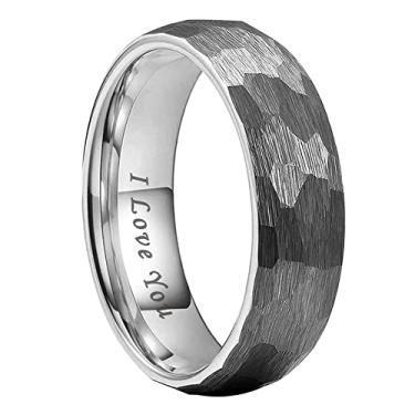 Imagem de TUTISS Anéis de carboneto de tungstênio martelados em ouro preto e ouro rosa, 6 mm, 8 mm, para homens e mulheres, alianças de casamento com gravação "I Love You", ajuste confortável, Metal não