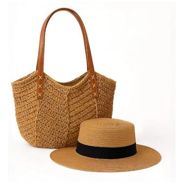 Imagem de Bolsa de palha grande para senhora com chapéu de Paris, elegante para praia (Marrom)
