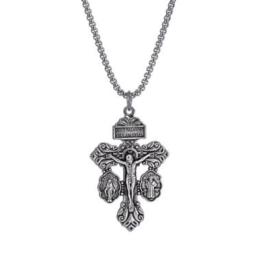 Imagem de Rosfully Colar com pingente de crucifixo de perdão de metal Cruz del Perdon Catolica com medalhas de São Bento para rosários, colar católico para mulheres e homens, 60 cm x 29mm x 18mm, Zinco, Sem