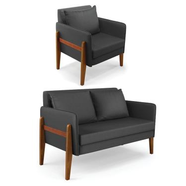 Imagem de Kit 1 Sofá Namoradeira E 1 Poltrona Lana Corino Base De Madeira - D'rossi Cor Preto