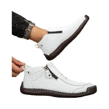 Imagem de Tênis De Couro Feitos À Mão Para Homens Com Zíper, Botas Casuais Plana