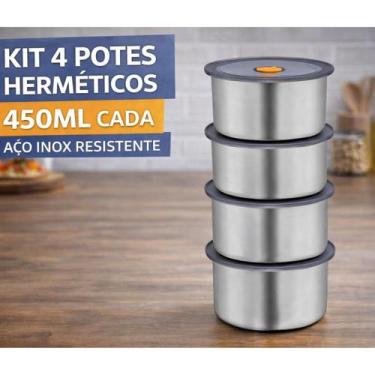 Imagem de Kit 4 Potes Inox 450ml Hermético Redondo Porta Alimentos - Sem Marca