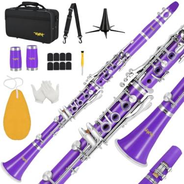 Imagem de Clarinete Bb para iniciantes estudantes B clarinete plano 17 teclas clarinete com alça de suporte 2 barris 8 boquilhas almofada luvas brancas (roxo)
