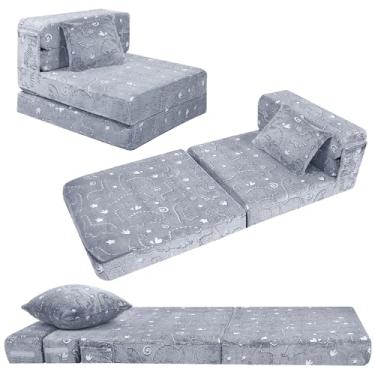 Imagem de MeMoreCool Colchão infantil que brilha no escuro, sofá conversível, cadeira futon dobrável, cama para sala de jogos de bebê (dinossauro brilhante)