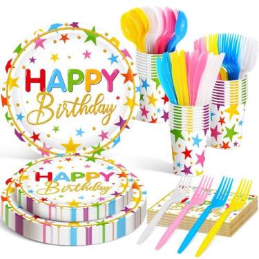 Imagem de Conjunto de talheres de festa Meanplan Happy Birthday Rainbow 168 unid