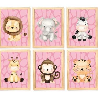 Imagem de Quadro Infantil Safari Rosa 6 Un A4 Vidro E Pendurador. - SHOPPINGNET