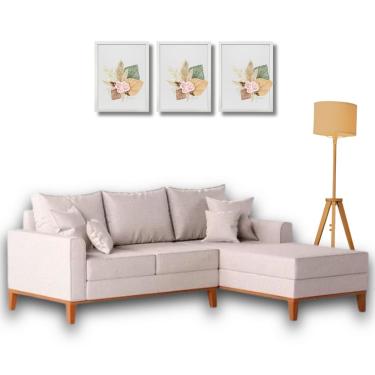 Imagem de Sofá Beny com Chaise Direita, 2,00x1,40m, 3 Lugares, Linho, Base em Madeira.