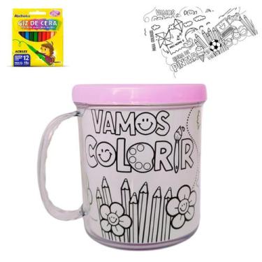 Imagem de Kit Colorir Caneca Acrílica 350ml+ 12 giz de cera+ 4 desenho - LARANJA
