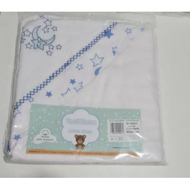 Imagem de Toalha de Banho Infantil Bordada - Teciclean Baby, Branca/Azul_Lua com