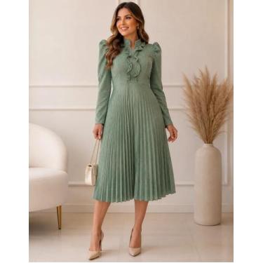 Imagem de Vestido Midi Plissado Feminino Caimento Sofisticado Moda Evangélica Ma