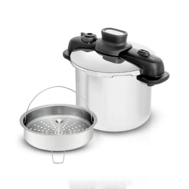 Imagem de Panela de Pressão Tefal Optispace em Aço Inox com Revestimento Inox Cesto Vapor 7L Design Compacto