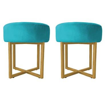 Imagem de 02 Puff Decorativo Madrid Luxo Dourado Assento Suede Azul Turquesa - Folk Móveis