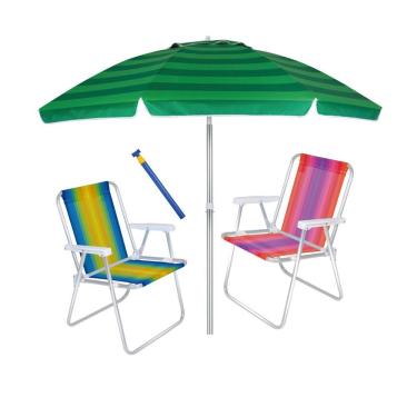 Imagem de Kit 2 Cadeira Alta Alumínio + Guarda Sol 2,4 metros + Saca Areia - Mor