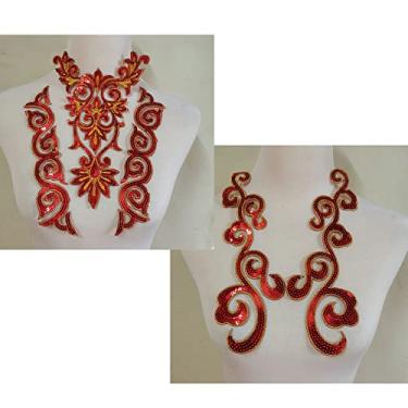 Imagem de 5 peças de lantejoulas de flor vermelha bordadas DIY aplique de ferro