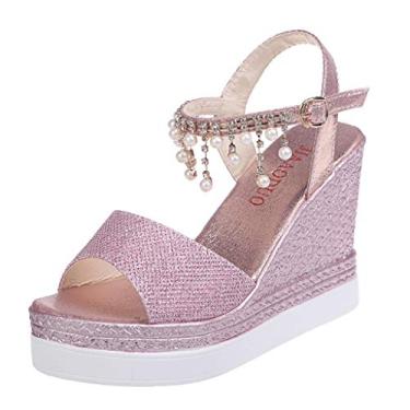 Imagem de Sandálias de pérola de cristal plataformas saltos femininos moda sapatos femininos altos sandálias pretas tamanho 38 largura larga, rosa, 7