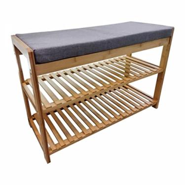 Imagem de Sapateira de Bambu e Oxford Com Assento 2 Andares 70x30cm Cinza Clink Banco de Madeira Estofado Acento Almofadado Puff Entrada