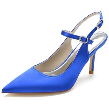 Imagem de Bombas Slingback femininas 8,5 cm salto alto de casamento bico fino sapatos de quadra festa trabalho vestido de formatura, Azul, 11