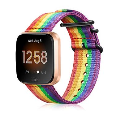 Imagem de Pulseiras Fintie compatíveis com Fitbit Versa 2/Versa/Versa Lite Edition, pulseira de nylon macio de substituição para pulseira acessórios compatíveis com o relógio inteligente Fitbit Versa, Colorful
