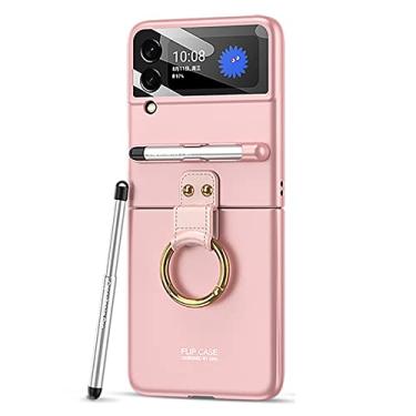 Imagem de DENSUL Capa fina para Samsung Galaxy Z Flip 4, capa de PC durável, proteção total à prova de choque com slot para caneta de armazenamento e capa de anel de metal resistente a impressões digitais, rosa