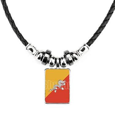 Imagem de DIYthinker Colar com nome da bandeira do Butão Joia Torque Pingente de corda de couro