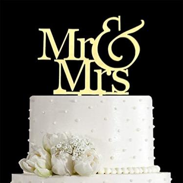 Imagem de Decoração de bolo Mr and Mrs Cake Topper, placa de noiva e noivo casamento noivado bolo Toppers (acrílico dourado)