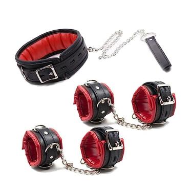 Imagem de Algemas de couro e Punhos de Tornozelo e Colarinho para Casais Brinquedos Sexuais Erótico (Vermelho)