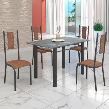 Imagem de Conjunto Sala de Jantar Bahia Mesa Tubo 120x75cm Tampo Pedra Granito Topázio com 4 Cadeiras Marrom/Prata