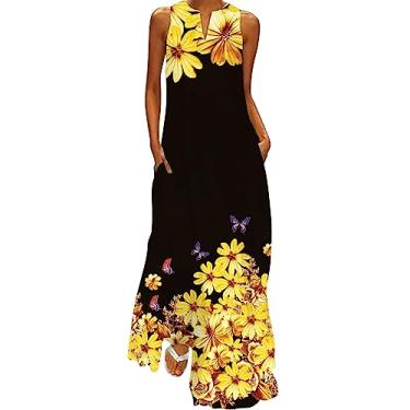 Imagem de Vestido feminino sem mangas com estampa floral e decote em V e comprimento longo. Vestido casual feminino, Amarelo, G