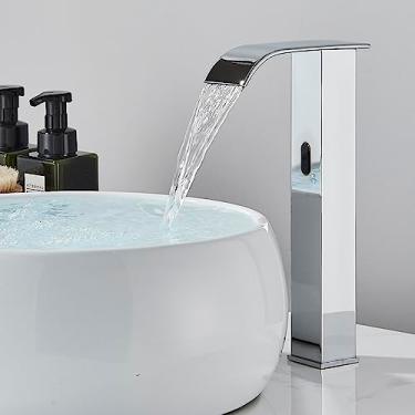 Imagem de Torneira inteligente de banheiro com sensor único e frio, preta, automática, montagem no deck, torneira de pia de banheiro de latão, altura cromada 1