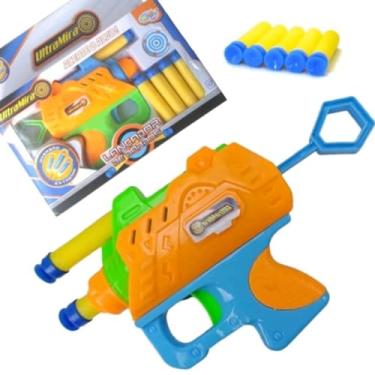 Imagem de Lançador De Dardos Brinquedo Infantil PISTOLA ARMA LANÇA 5 DARDOS MACIOS DE ESPUMA SEGURO QUE GRUDA ULTRA MIRA ARMINHA PRESSÃO ATIRA ACERTE O ALVO 15 CM