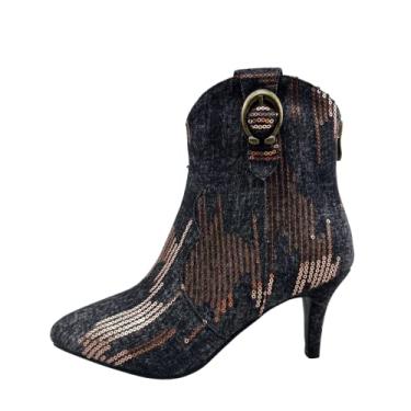 Imagem de Frankie Hsu Botas femininas de cowboy ocidentais bordadas no tornozelo costura azul denim amêndoa salto médio gatinho moda retrô prata fivela em forma de U clássica tornozelo largo tamanho grande bota