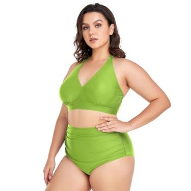 Imagem de CHIFIGNO Biquíni feminino plus size, 2 peças, biquíni de cintura alta, roupa de banho sexy, Amarelo, verde, 4X-Large Plus
