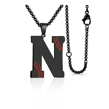 Imagem de LYNNON Colar de beisebol com letra A-Z com pingente de aço inoxidável, acessórios esportivos de beisebol, presentes masculinos com corrente de caixa de 51 + 5 cm - preto/prata, Aço inoxidável, Sem Pedra Preciosa