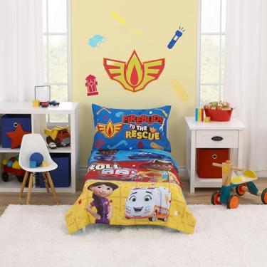 Imagem de Jogo de cama infantil Disney Firebuds Let's Roll vermelho, azul e amarelo, 4 peças – Edredom, lençol de cima, lençol de cima e fronha reversível