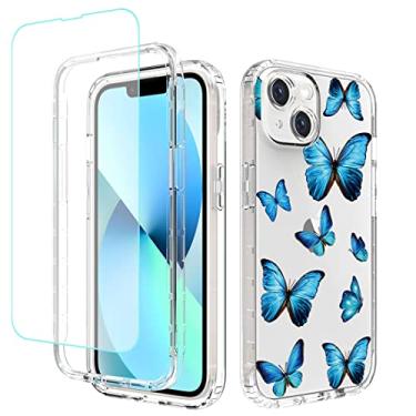 Imagem de sidande Capa para iPhone 14 com protetor de tela de vidro temperado, capa protetora fina de TPU floral transparente para Apple iPhone 14 de 6,1 polegadas (borboleta)