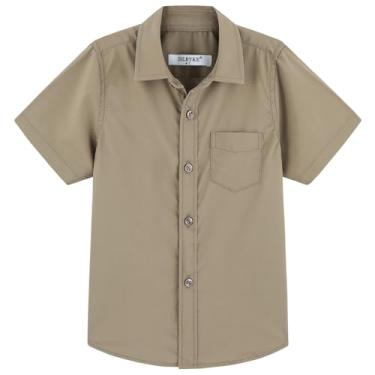 Imagem de DDILKE Camisa social casual de manga curta para meninos com botão e uniforme, Marrom, 13-14 Anos