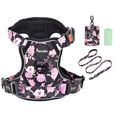 Imagem de Petmolico Conjunto de arnês para cães que não puxam, 2 alças para prender a coleira com alça de fácil controle, colete reflexivo para cães GG raça grande, conjunto de coleira e peitoral para cães grande com suporte para saco de cocô, GG, rosa