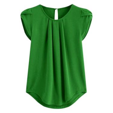 Imagem de Camisetas femininas de chiffon com gola canoa para outono verão pétala manga curta plissadas com buraco de fechadura 2024, L-571 verde-limão, 3G