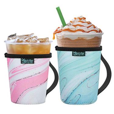 Imagem de Beautyflier Pacote com 2 capas isolantes reutilizáveis para copo de café gelado com alça para bebidas frias, suporte de neoprene de 473 – 650 ml para Starbucks Coffee, McDonalds, Dunkin Donuts (padrão 4)