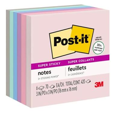 Imagem de Post-it Notas super adesivas recicladas em cores pastéis Wanderlust Collection, 7,62 cm x 7,62 cm, 65 folhas/bloco, 6 blocos/pacote