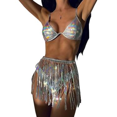 Imagem de SNOMYRS Saia de paetê, franja, holográfica, discoteca, cowgirl, vestidos brilhantes, crop top, biquíni, festival, roupas femininas - prata