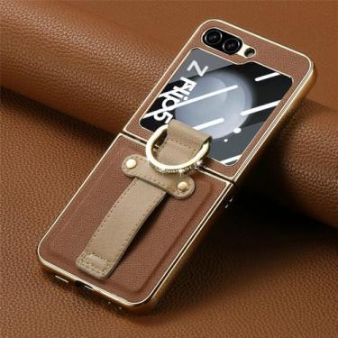 Imagem de Capa de suporte de anel de couro com pulseira para Samsung Galaxy Z Flip 5 4 Flip5 5G Película de lente de vidro temperado capa de suporte anti-queda, marrom, para Samsung Z Flip 5