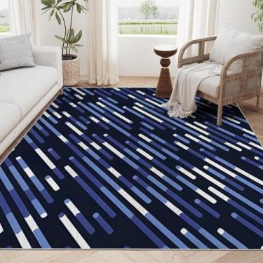 Imagem de Tapete masculino para meninos 7 x 12 cm para sala de estar, tapete de quarto azul e branco antiderrapante, antiderrapante, lavável, tapete com listras modernas e macias para cozinha, casa, escritório,