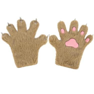 Imagem de Dynwave Luvas de pata de gatinho Luvas de pelúcia para dramatização Clube Palco Performance Máscara, Cáqui