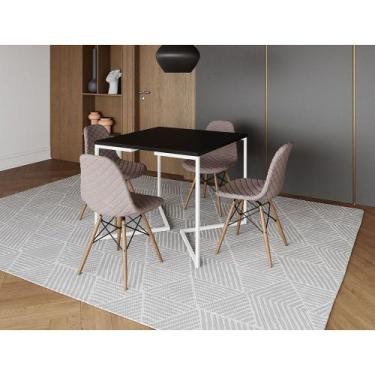 Imagem de Mesa Jantar Industrial Base V Ferro Branco 90cm Quadrada Preta 4 Cadei
