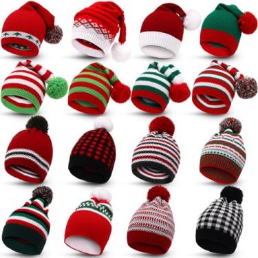 Imagem de 16 peças de chapéu de Natal tricotado, vermelho, branco, verde, elfo com pompom, gorro de Natal, gorro de crochê a granel para adultos, Vermelho, branco, verde., 1